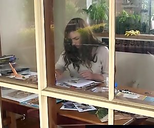 Busty hairy brunette plays with dildo at home