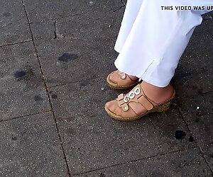 granny nylon feet in cork shoes