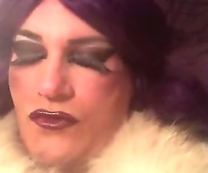 Playing with my Big tits & cock in my sexy fur coat