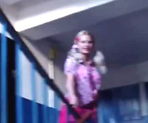 Super cute Russian blonde bitch shows her bald pussy in garage