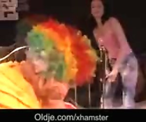 Sad old clown gets happy with young pussy