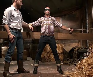 Black dude gets tied up and milked by a white gay cowboy in the barn
